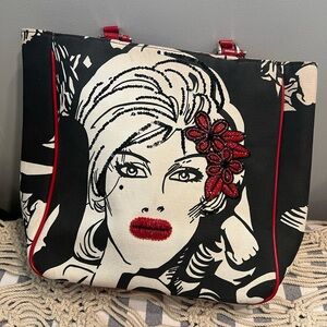 Illustration Artsy Tote Black And White with red Sequins!